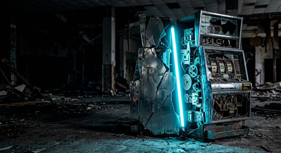 Spielautomaten mit leuchtenden Symbolen und Casino-Chips